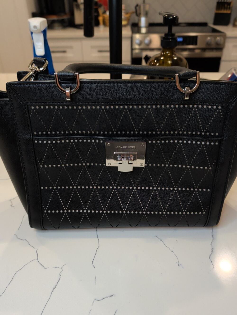 Michael Kors Vivianne Large Black Studded Leather Satchel Crossbody Handbag